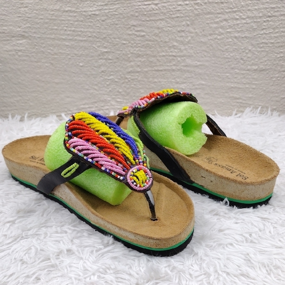 Sol Amass Made In Spain Tan Suede Multicolor Beaded Cork Sole Throng Sandal Shoe
